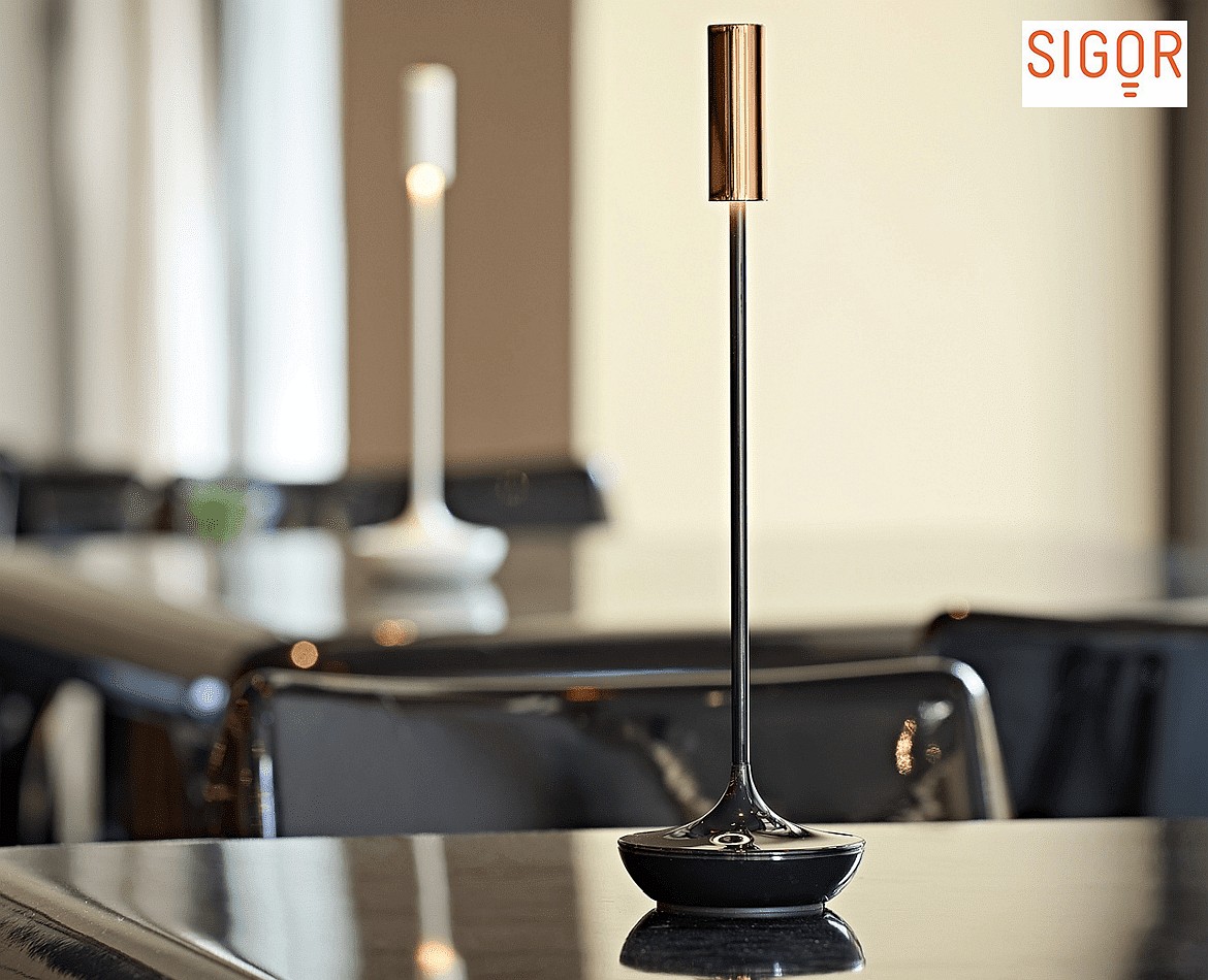 SIGOR battery table lamp NUCANDLE with touch dimmer IP54, glossy, copper, black dimmable SIGOR battery table lamp NUCANDLE with touch dimmer IP54, glossy, copper, black dimmable