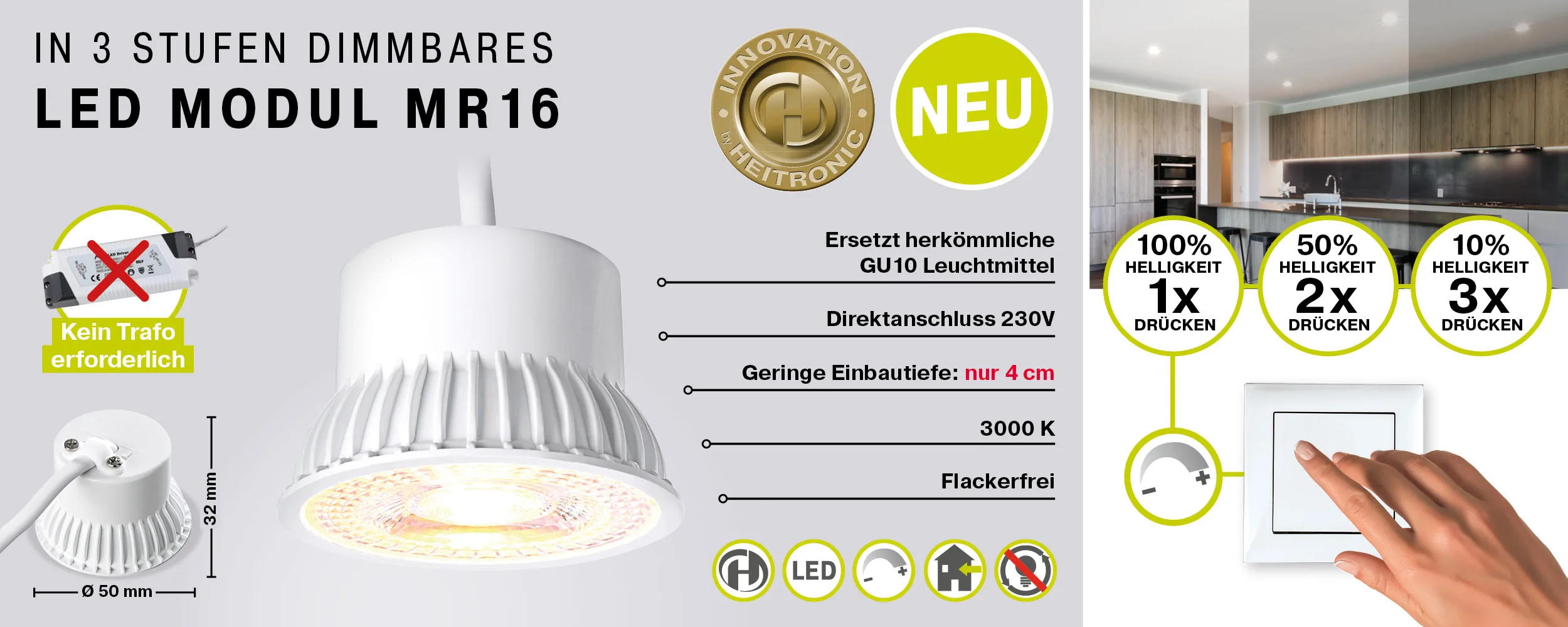 HEITRONIC LED Module MR16, as a GU10 replacement for built-in spots, 5W 3000K 380lm 38°, white HEITRONIC LED Module MR16, as a GU10 replacement for built-in spots, 5W 3000K 380lm 38°, white