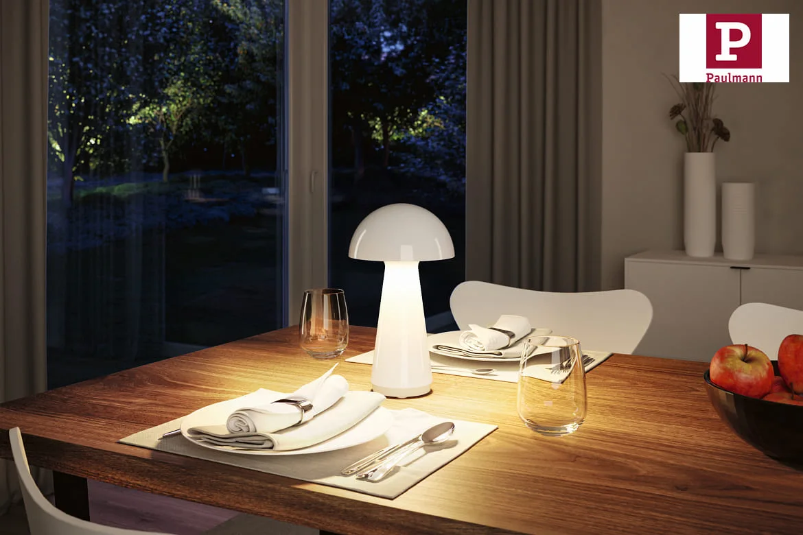 Paulmann battery table lamp ONZO with USB connection, with touch dimmer IP44, glossy, white dimmable Paulmann battery table lamp ONZO with USB connection, with touch dimmer IP44, glossy, white dimmable