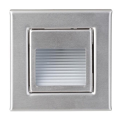 Recessed LED wall luminaire, IP20, square, 8.5x8.5cm, partial cover + staircase reflector, 230V, 1.2W 3000K 40lm, inox / clear