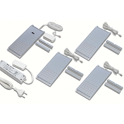 4pc. set of LED L-Pad 7.5W 3000K with IR dimmer + LED transformer 24/15W/30W, anodised alu