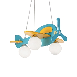 Pendant luminaire AVION, 3 flames, 3x E14 max. 40W, wood, petrol / yellow / opal