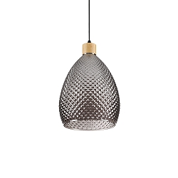 Pendant luminaire BERGEN 1, � 24cm / H 32cm, E27, smoked relief glass / wood / black