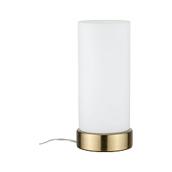 table lamp PINJA cylindrical, with switch E14, brushed brass, opal white dimmable