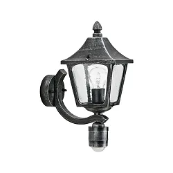 Outdoor Wall luminaire Country style square Type No. 1822 with motion sensor, IP44, E27, cast alu, hollow glass clear, black