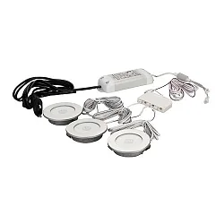 Recessed LED furniture Downlight set, 3pc. + transformer + distributor, IP20, Ø 7cm, Plug&Play +G156:G205W 3000K 125lm, alu
