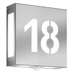Outdoor wall luminaire AQUA LEGENDO with sensor, 2 digits (cut out), IP44, E27, stainless steel, brushed