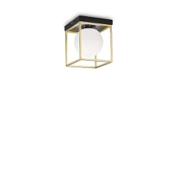 Ceiling luminaire LINGOTTO, 1 flame, E14, matt black / satined brass / etched glass
