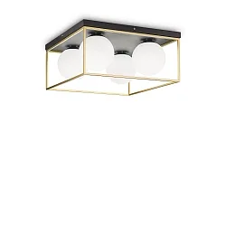 Ceiling luminaire LINGOTTO, 4 flames, E14, matt black / satined brass / etched glass
