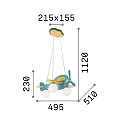 Ideal Lux Pendant luminaire AVION, 3 flames, 3x E14 max. 40W, wood, petrol / yellow / opal