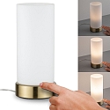 Paulmann table lamp PINJA cylindrical, with switch E14, brushed brass, opal white dimmable