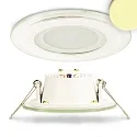Outdoor LED downlight IP44, beaming asides, Ø 9.8cm, 8W 2800K 350lm 120°, aluminium / glass, white